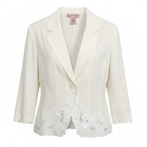 Bandolino Linen Blend Embroidered Lace Blazer Jacket Floral Trim